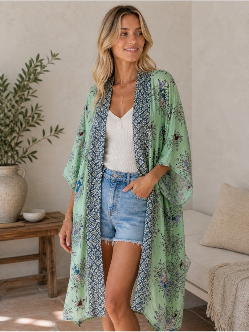 Angie Sage Green Floral Kimono Boho Duster Cardigan Coverup M
